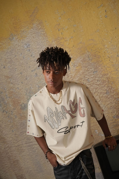 Village Sport Washed Beige Heavy Rhinestone Mens Tee