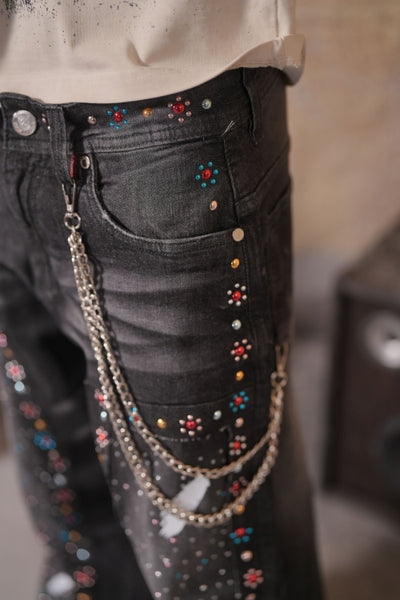 Mardi Gras Premium Embellished Black Ash Mens Baggy Jeans + Chain