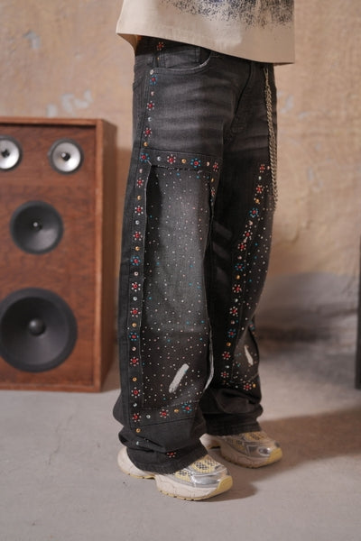 Mardi Gras Premium Embellished Black Ash Mens Baggy Jeans + Chain