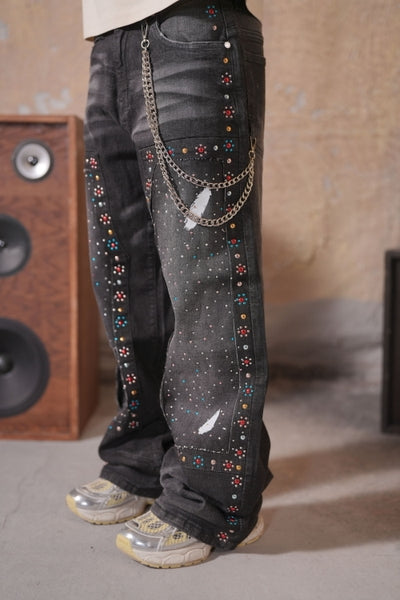 Mardi Gras Premium Embellished Black Ash Mens Baggy Jeans + Chain