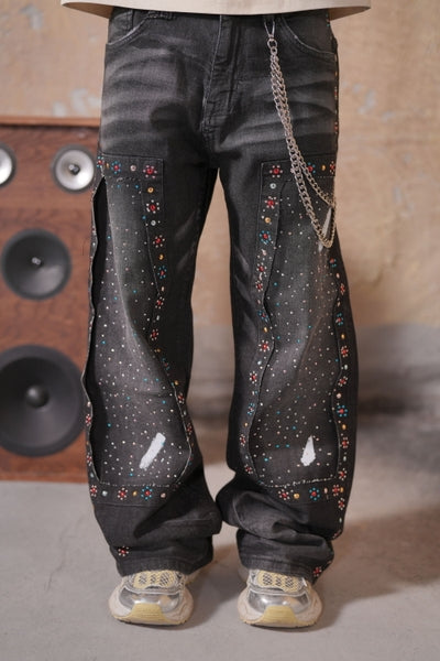 Mardi Gras Premium Embellished Black Ash Mens Baggy Jeans + Chain
