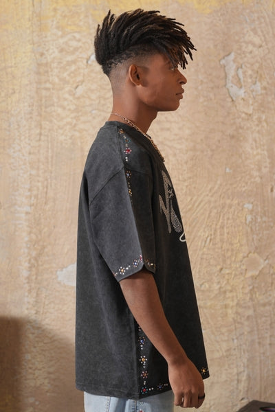 Village Sport Washed Black Heavy Rhinestone Mens Tee