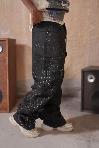 Elitestar Premium Embellished Jet Black Mens Baggy Jeans  + Chain