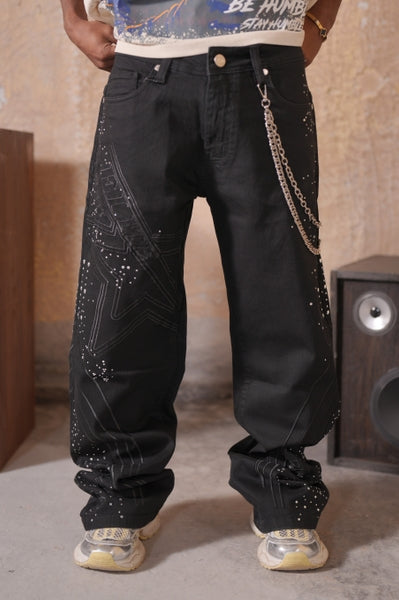 Elitestar Premium Embellished Jet Black Mens Baggy Jeans  + Chain