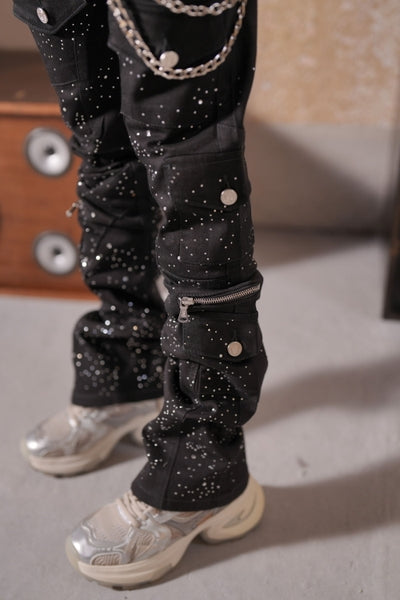 Astronomical Premium Embellished Black Mens Stacked Jeans + Chain