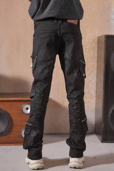 Astronomical Premium Embellished Black Mens Stacked Jeans + Chain
