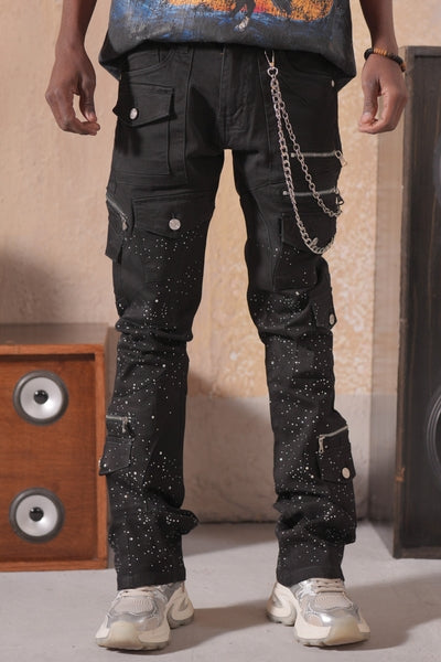 Astronomical Premium Embellished Black Mens Stacked Jeans + Chain