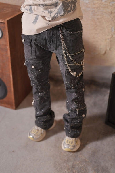 Astronomical Premium Embellished Faded Black Mens Stacked Jeans + Chain