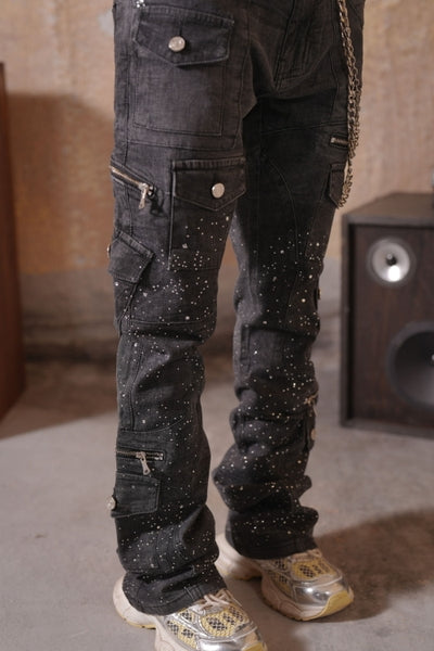 Astronomical Premium Embellished Faded Black Mens Stacked Jeans + Chain