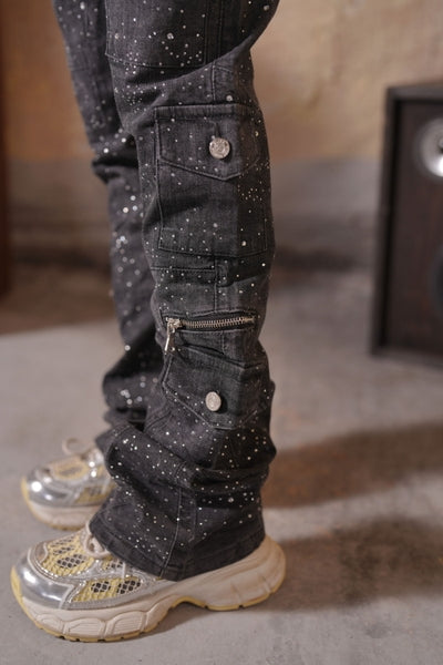 Astronomical Premium Embellished Faded Black Mens Stacked Jeans + Chain