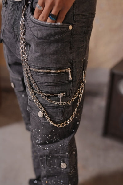 Astronomical Premium Embellished Faded Black Mens Stacked Jeans + Chain