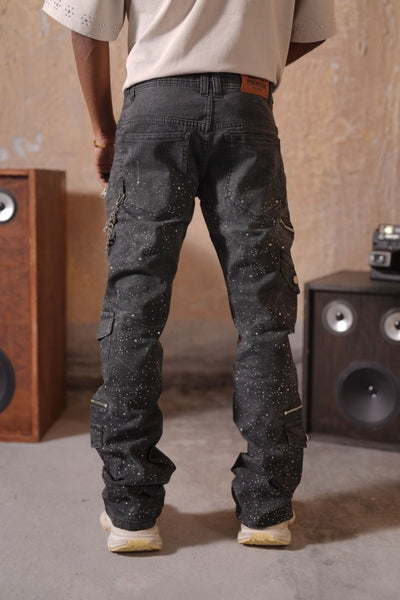 Astronomical Premium Embellished Faded Black Mens Stacked Jeans + Chain