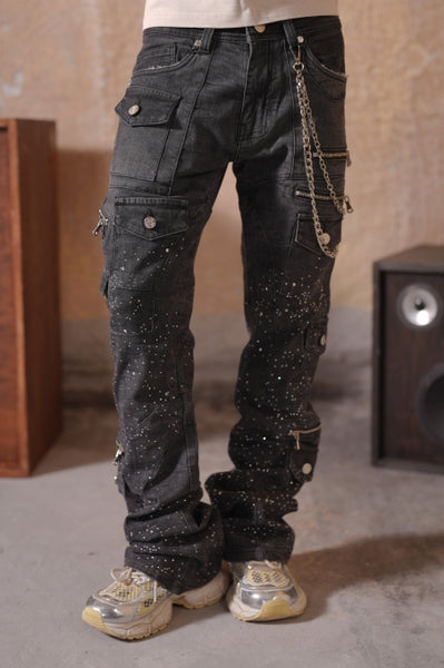Astronomical Premium Embellished Faded Black Mens Stacked Jeans + Chain
