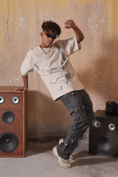 Legacy Washed Beige Heavy Embellished Mens Tee