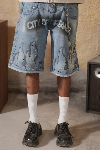 Greatness Double Waisted Embellished Blue Mens Jorts + Chain