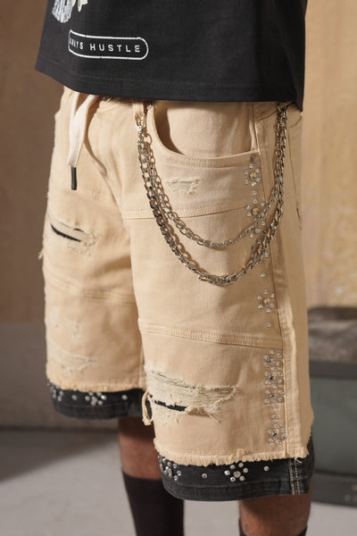 2Tone Premium Embellished Cream Mens Jorts + Chain