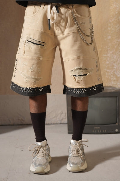 2Tone Premium Embellished Cream Mens Jorts + Chain