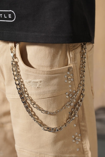 2Tone Premium Embellished Cream Mens Jorts + Chain
