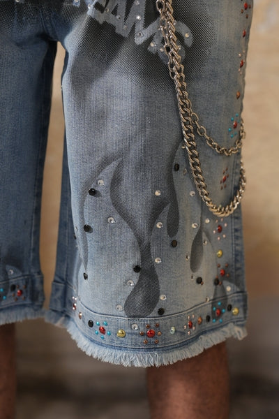 Greatness Double Waisted Embellished Blue Mens Jorts + Chain