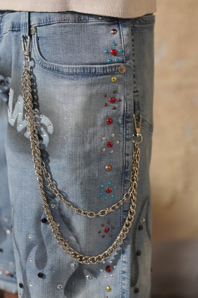 Greatness Double Waisted Embellished Blue Mens Jorts + Chain