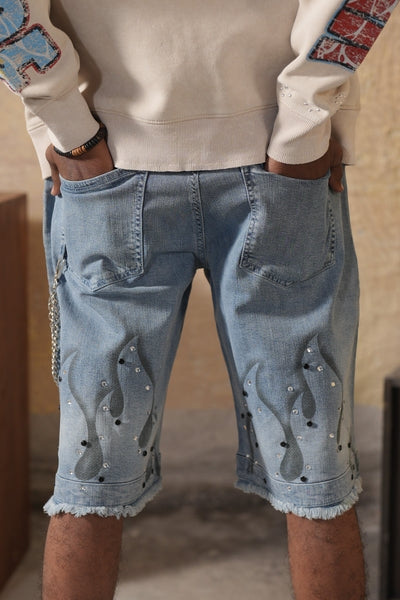 Greatness Double Waisted Embellished Blue Mens Jorts + Chain