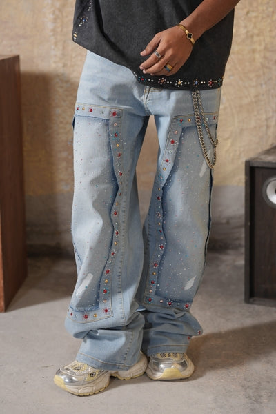 Mardi Gras Premium Embellished Blue Mens Baggy Jeans + Chain