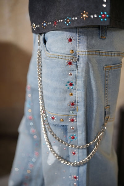 Mardi Gras Premium Embellished Blue Mens Baggy Jeans + Chain