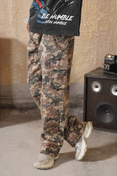 Camo Premium Embellished Mens Baggy Jeans  + Chain
