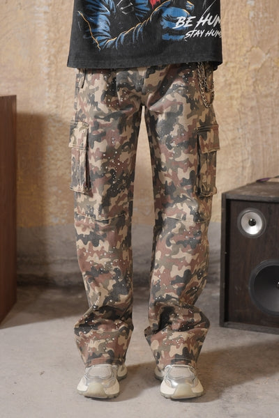 Camo Premium Embellished Mens Baggy Jeans  + Chain