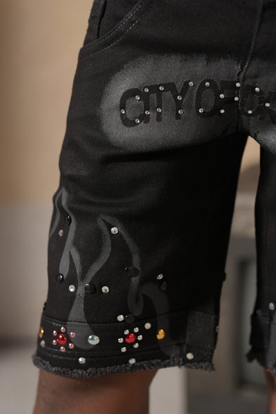Dreams Double Waisted Embellished Black Kids Jorts