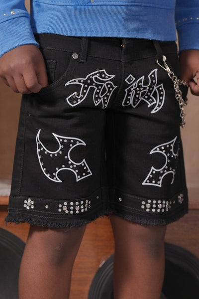 Faith Double Waisted Embellished Black Kids Jorts