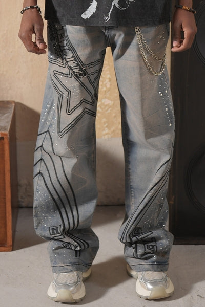 Vintage Elitestar Premium Embellished Mens Baggy Jeans + Chain