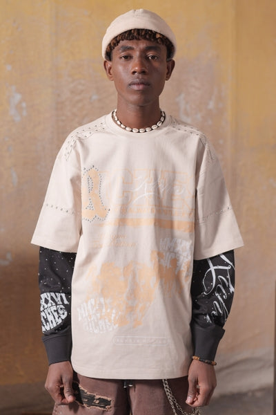 Riches Embellished Thermal Mens Tee Cream