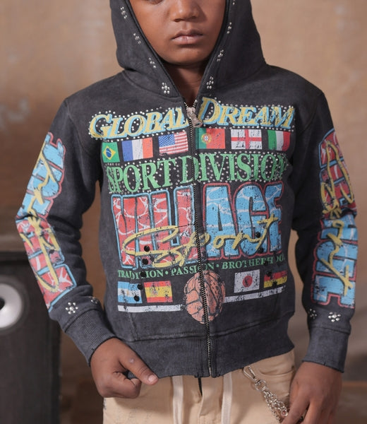 Global Dreams Rhinestone Embellished Black Kids Zip Up Hoodie