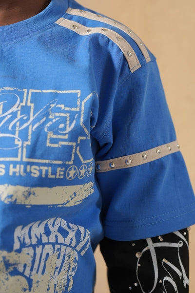 Riches Blue Rhinestones Embellished Kids Thermal Tee