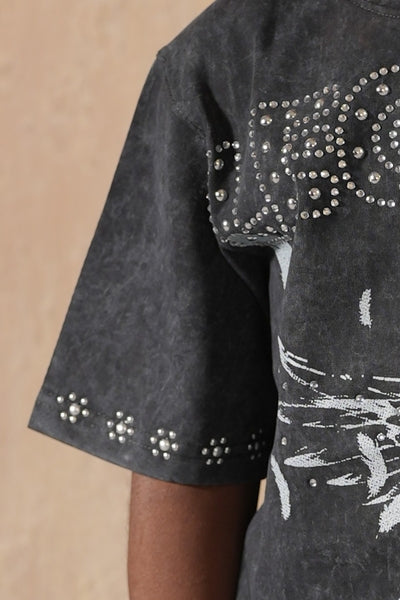 Legacy Washed Heavy Embellished + Rhinestone Black Kids Tee
