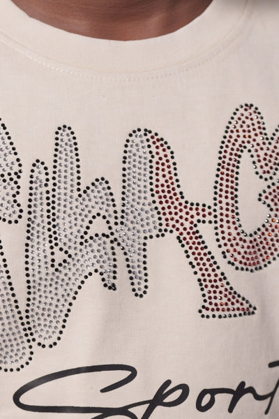 VS Washed Heavy Embellished + Rhinestone Cream Kids Tee
