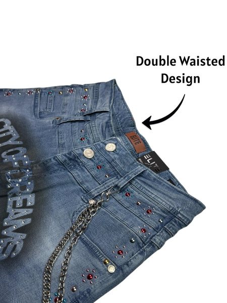 Greatness Double Waisted Embellished Blue Mens Jorts + Chain