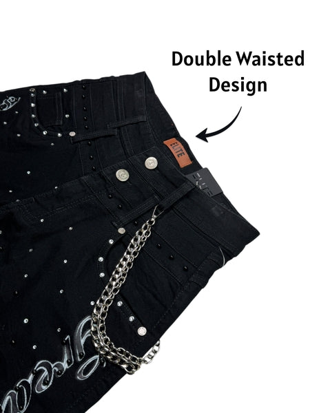 Greatness Double Waisted Embellished Black Mens Jorts + Chain