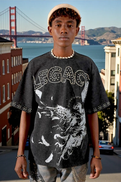 Legacy Washed Black Heavy Embellished  Mens Tee