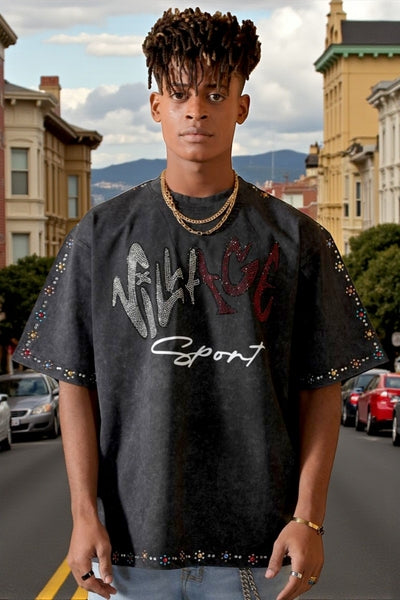 Village Sport Washed Black Heavy Rhinestone Mens Tee