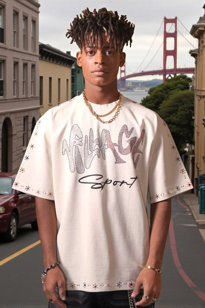 Village Sport Washed Beige Heavy Rhinestone Mens Tee