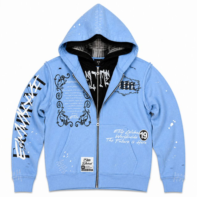 Double Layer Royal Baby Blue Premium Mens Zip Up Hoodie