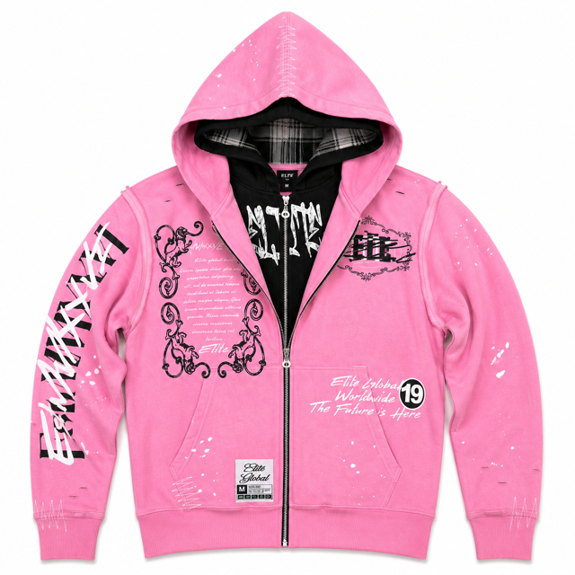 Double Layer Royal Pink Premium Mens Zip Up Hoodie