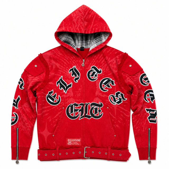 All Details Belted Red Premium Mens Zip Up Hoodie