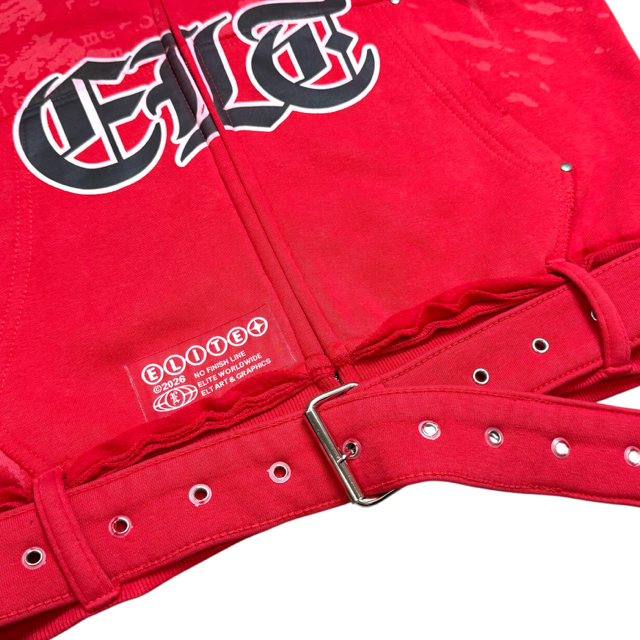 All Details Belted Red Premium Mens Zip Up Hoodie