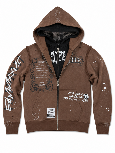 Double Layer Royal Brown Premium Mens Zip Up Hoodie