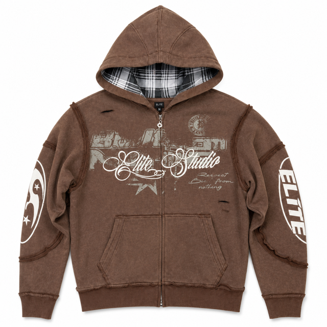Embroidered Brown Premium Mens Zip Up Hoodie