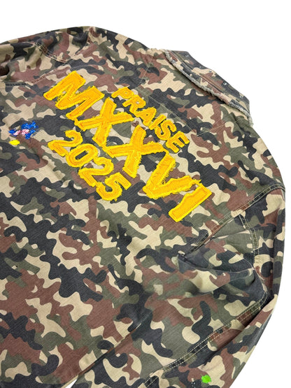 Praise Embellished Premium Mens Denim Jacket Camo