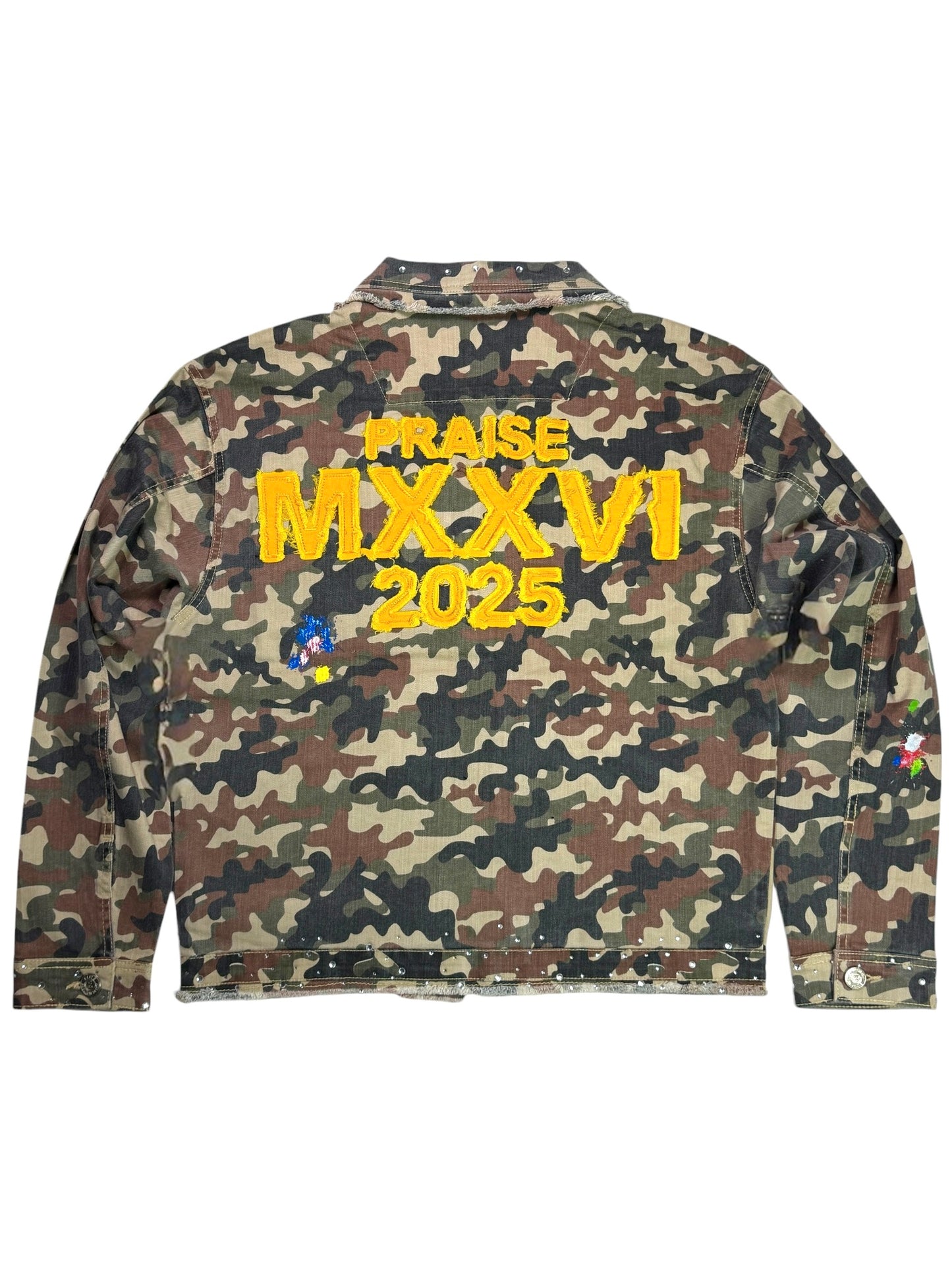 Praise Embellished Premium Mens Denim Jacket Camo